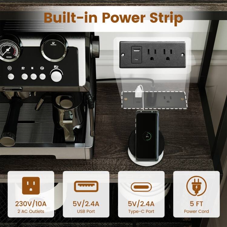 Wine Organizer with Power Outlet and Bottle Holders-Rustic Brown