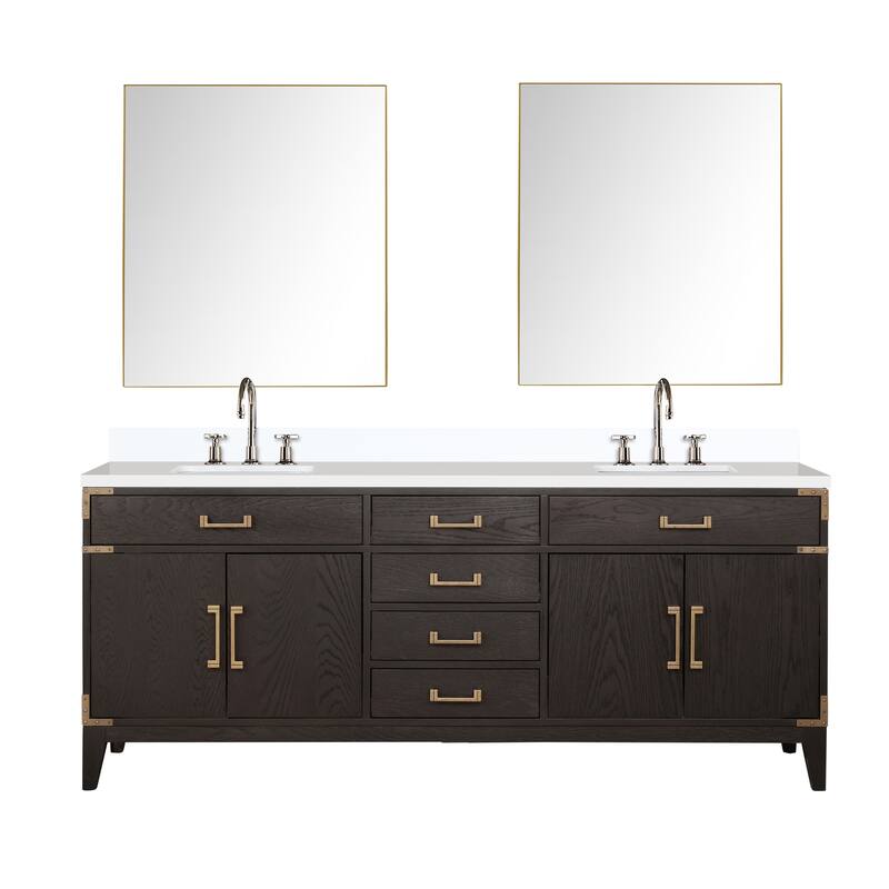 Laurel 60 in W x 22 in D Black Oak Double Bath Vanity, White Quartz Top, Faucet Set, and 28 in Mirrors