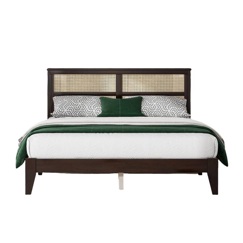 Queen Size Solid Wood Platform Bed with Rattan Headboard, Support Feet