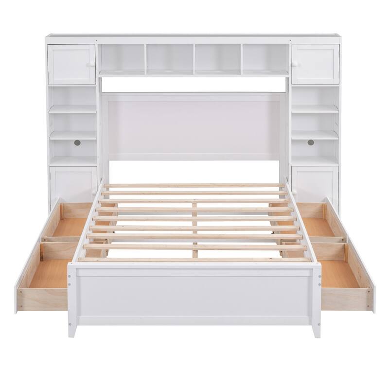 Wooden Bed with Integrated Cabinet and Shelves