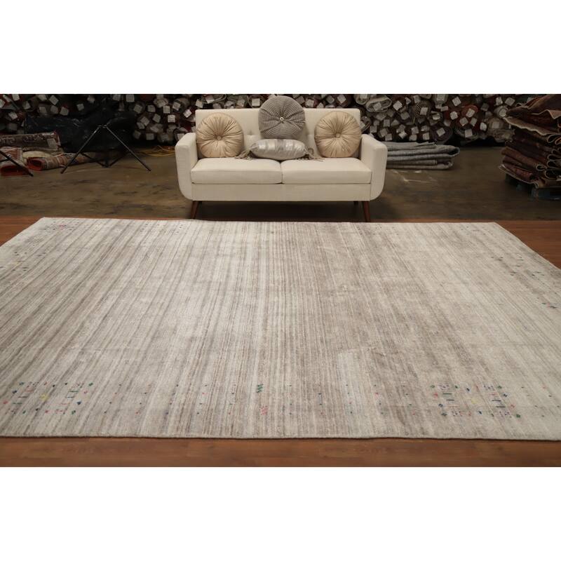 Hand Knotted Oriental Viscose Silk Carpet Tribal Animal Pictorial Beige & Ivories Gabbeh Area Rug - 12' 1'' X 9' 0''