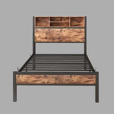 Industrial Twin Bed Frame with Bookcase Headboard & USB Charging Station - No Box Spring Required