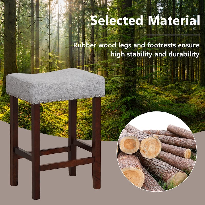 Set of 2 Backless Saddle Bar Stools with Linen Cushions and Rubber Wood Legs for Counter - 17" x 13" x 24" (L x W x H)