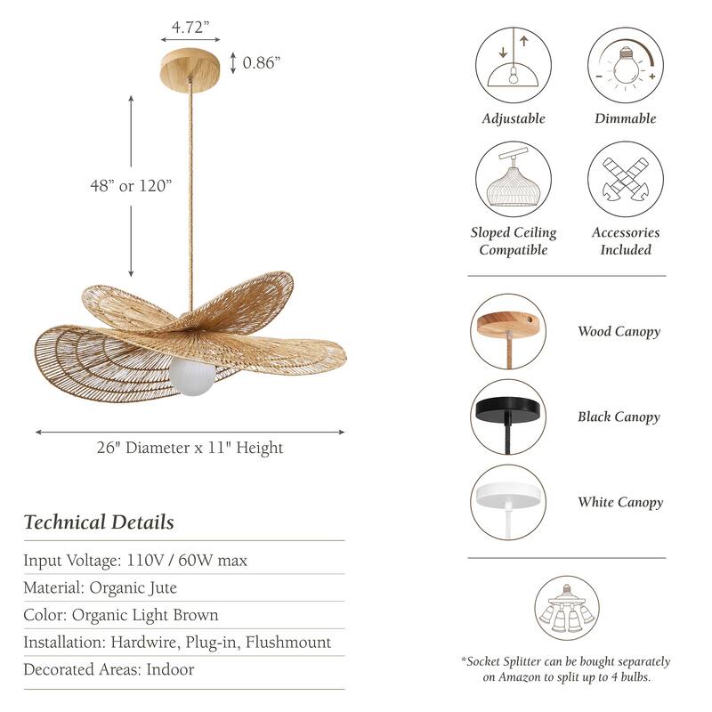 Whisper Rattan Pendant Light Natural Large Sculptural 1-Light Handwoven Light Fixture For Modern, Coastal, Farmhouse Room Décor.