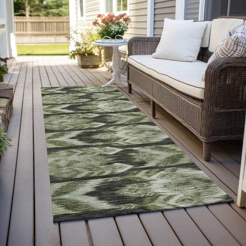 Machine Washable Indoor/ Outdoor Chantille Abstract Boho Rug - Olive - 2'3" x 7'6"