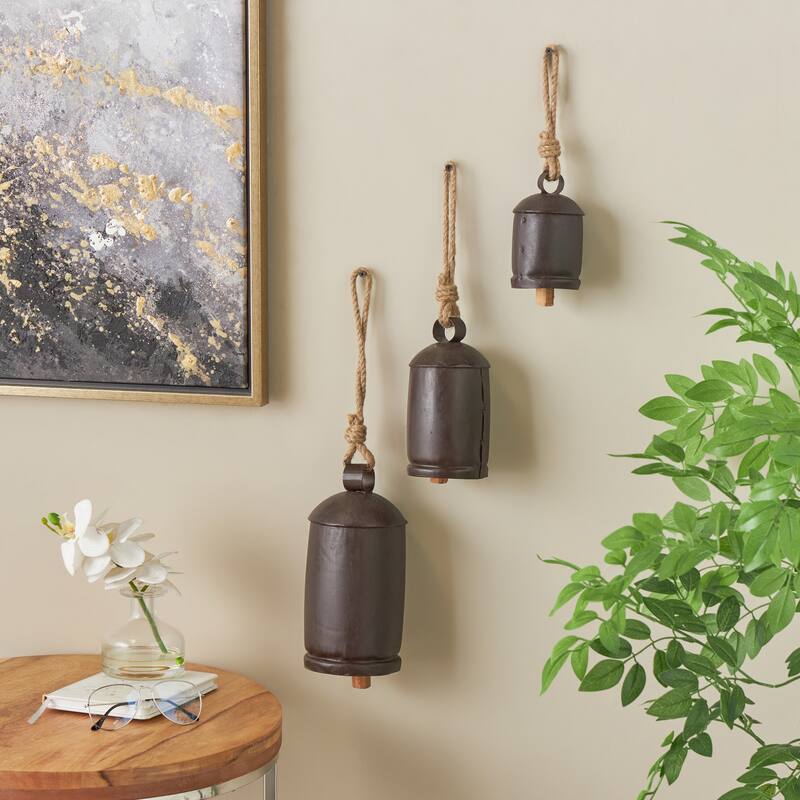 Metal Tibetan Inspired Decorative Cow Bells with Jute Hanging Rope - Set of 3 - Roche River Decor