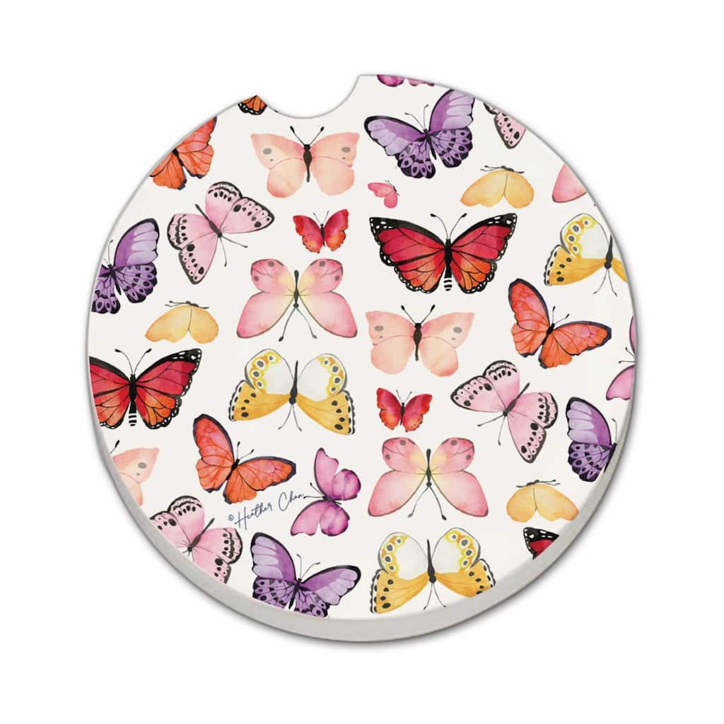 Watercolor Butterflies 2 Pack Absorbent Stone Coaster for Vehicle Cup Holder 2.6” Diameter Manufactured in The USA