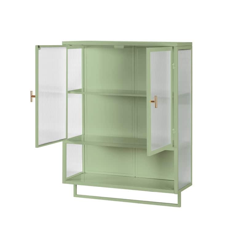 23.62" Modern Fluted Glass Wall Cabinet with Two Doors, Open Shelf & Towel Rack