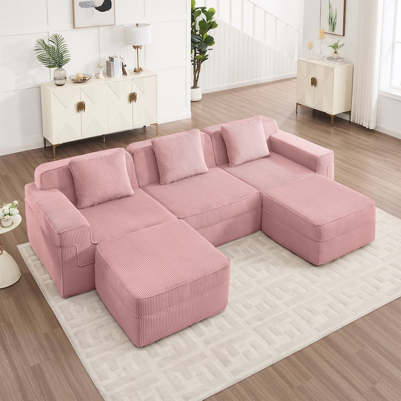 GDFStudio - Corduroy Modular 3-Seater 117.3" U-Shaped Boneless Cloud Sofa with 2 Ottomans - Pink