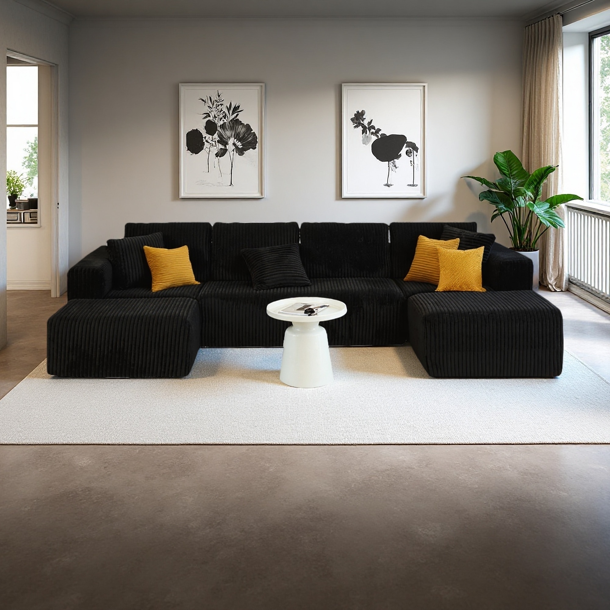 132.68" Striped Corduroy U-Shaped Modular Sectional Sofa with Reversible Ottoman Included