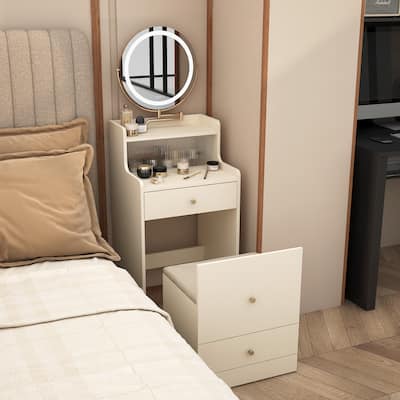 3 in 1 Small Makeup Vanity Set with Charging Station, Mirror, Stool