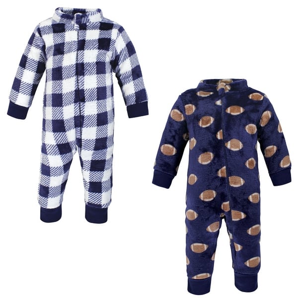 slide 1 of 1, Hudson Baby Infant Boy Plush Jumpsuits, Football 0-3 Months - Blue Football