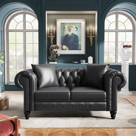 Sofa Couch, 63" Deep Button Tufted PU Leather Upholstered Loveseat Sofa with 2 Pillows, Classic Chesterfield Sofa Set