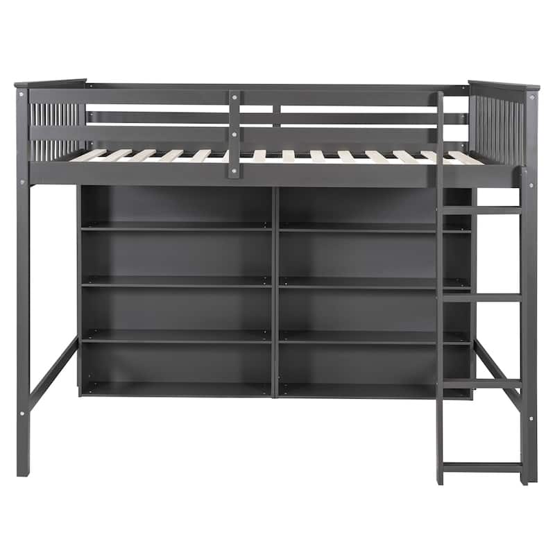 Full Size Wood Loft Bed w/ 8 Open Storage Shelves and Built-in Ladder