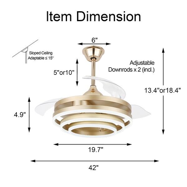 Bella Depot 42" Modern Retractable Ceiling Fan with Remote, 6Speed