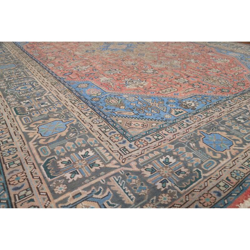 Pink Geometric Tabriz Persian Vintage Rug Hand-Knotted Wool Carpet - 9'8" x 12'11"