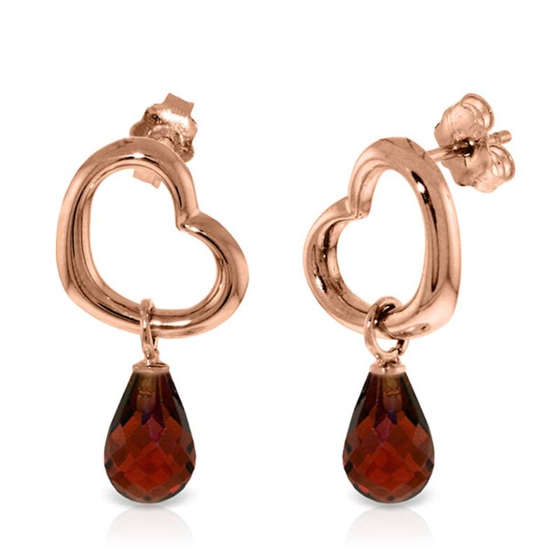 14K Solid Gold Heart Gemstone Earrings w/ Dangling Natural Garnets - Rose