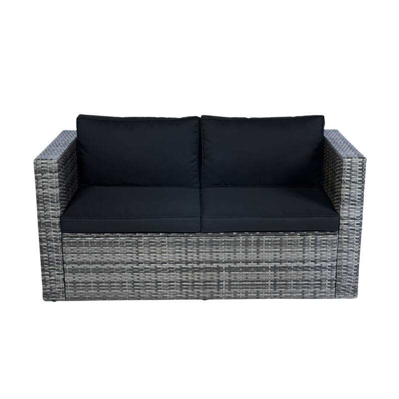 6 Piece Patio Wicker Sectional Set Patio Backyard Conversation Set Space Saving Grey Wicker + Black Cushion