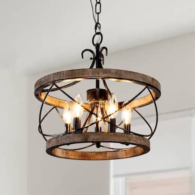 Chichoice Wood Cage Farmhouse Rustic Chandelier Dimmable 5-Light Pendant Adjustable Vintage Lighting for Kitchen Dining Room