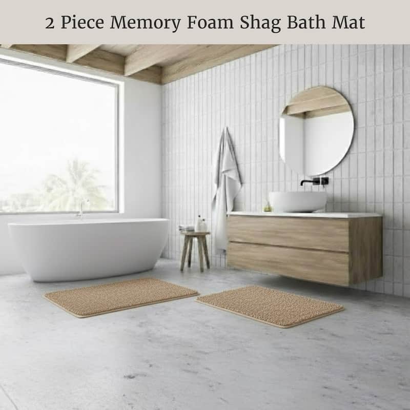 Bathroom Rugs - 2-Piece Memory Foam Bathroom Set with Chenille Shag Top and Non-Slip Base by Windsor Home