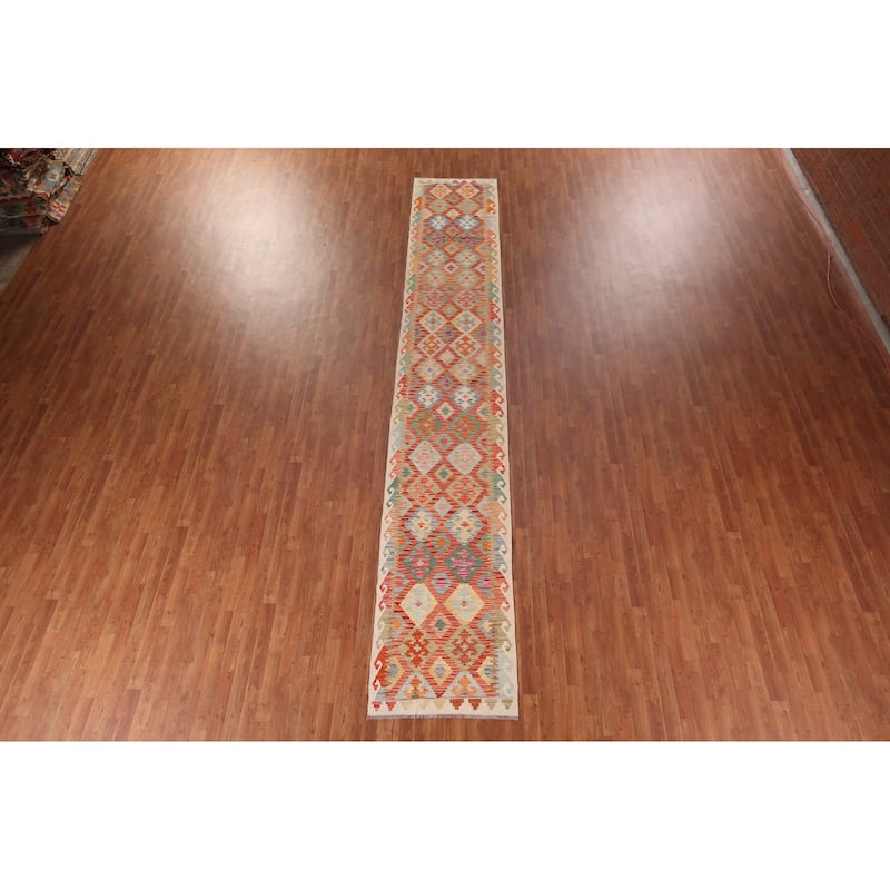 Geometric Kilim Oriental Runner Rug Hand-Woven Wool Carpet - 2'9"x 16'4"