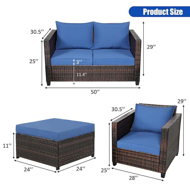 5 Pieces Patio Cushioned Rattan Furniture Set - 50" x 30.5" x 29" (L x W x H)