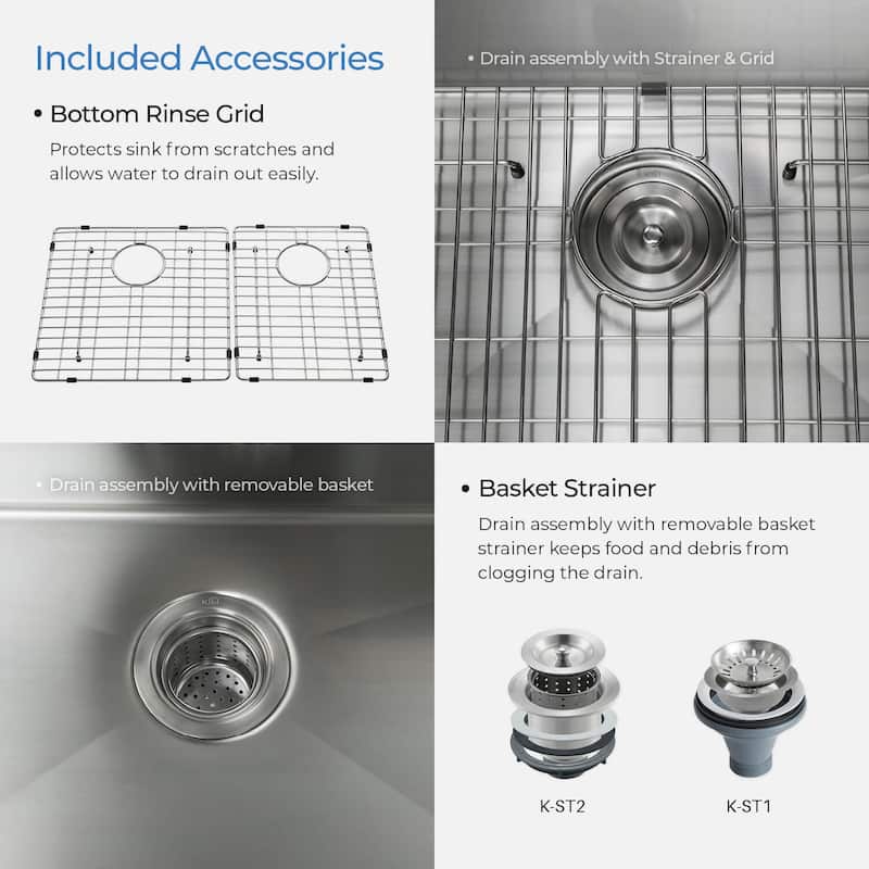 Handcrafted Farmhouse Apron Double Bowl Real 16 gauge Stainless Steel Kitchen Sink with Strainer and Grid