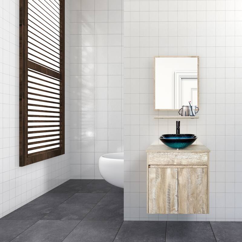 24" Bathroom Vanity Set Tempered Glass/ Ceramics Sink Combo Wall Mounted Natural Cabinet Faucet Drain Mirror - turquoise square sink