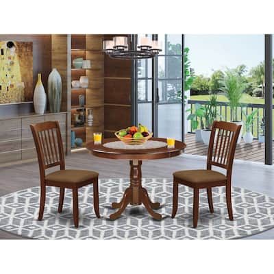 Coastal 3Pc Dinette Set - Round Kitchen Table & 2 Linen Dining Chairs - Mahogany Finish