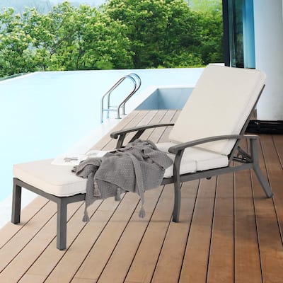 Outdoor Aluminum Reclining 5-Position Adjustable Backrest Chaise Lounge with Cushion