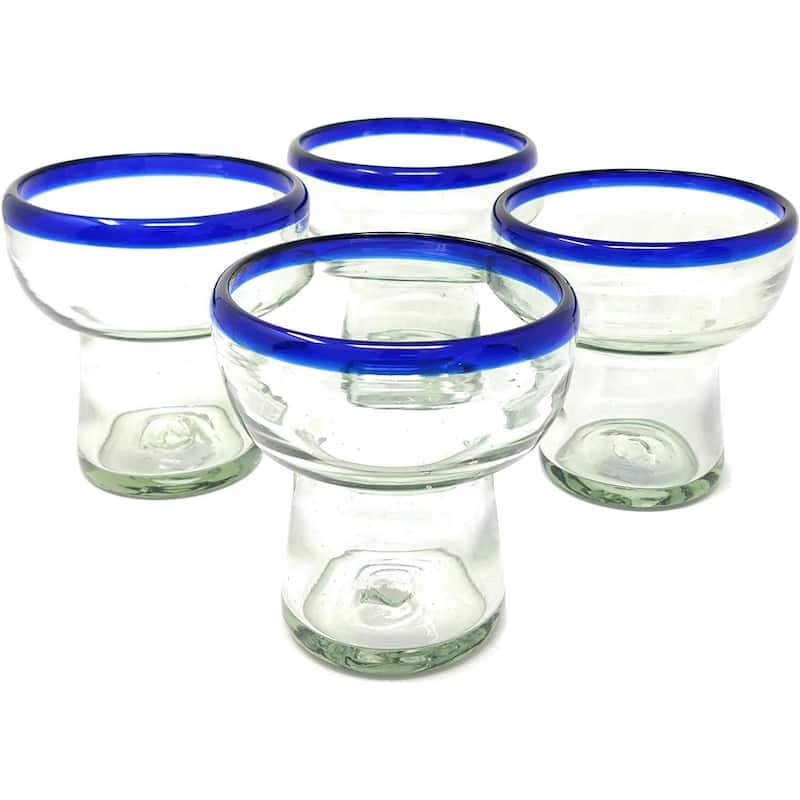 Dos Sueños Mexican Hand Blown Glass – Set of 4 Hand Blown Stemless Blue Rim Margarita Glasses (14oz) - Blue - 4 Piece