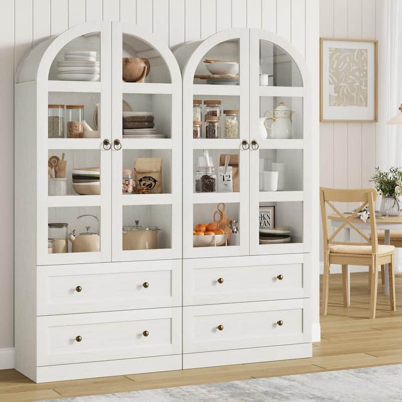 Kitchen Pantry Cabinet, 72" Tall Arched Kitchen Pantry Storage Cabinet, Wood Versatile Rustic Cupboard with Drawers