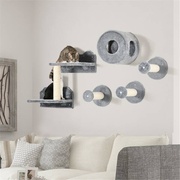 slide 2 of 7, Cat Wall Shelves & Climbing Tower 5PC Set - Condo, Scratching Posts & Jumping Platforms - 27.5" L x 11" W x 22.75" H Grey-Cream