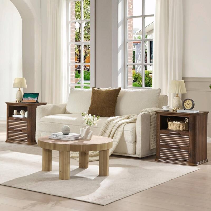 22" Fluted Nightstand with Charging Station - Modern End Table with 2 Drawers and Open Storage