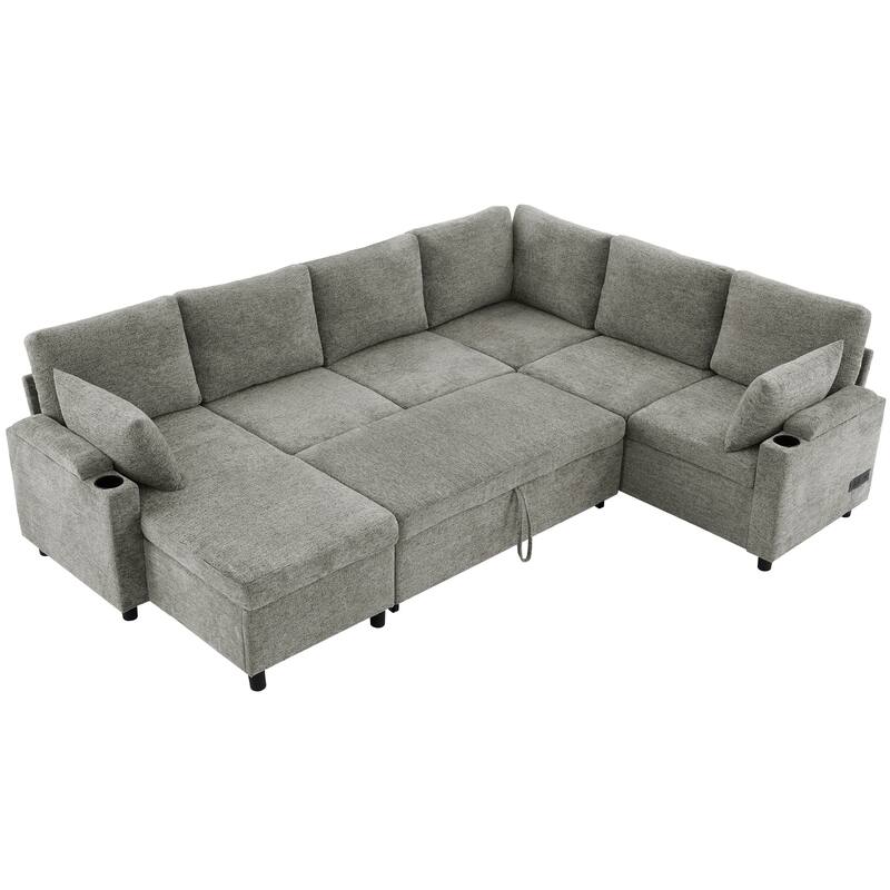 U-Shaped Chenille Sectional Sofa with Storage Chaise Lounge, Convertible Sleeper Sofa Bed with Cup Holders & Charging Ports