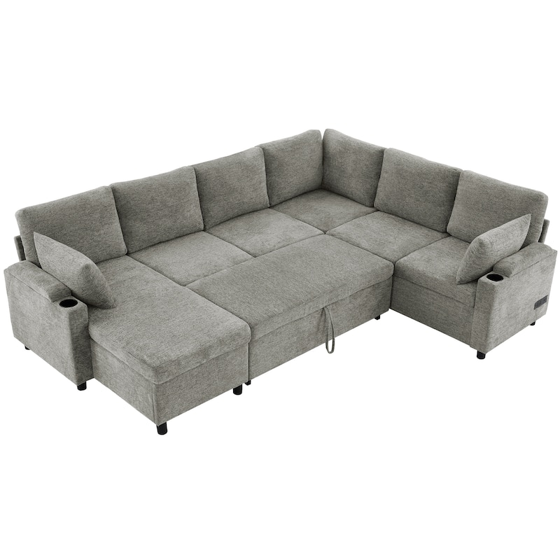 U-shaped Sofa, Chenille Sectional Sofa with 2 Cup Holders and Charging Ports Livingroom Sleeper Recliner Sofa Couch