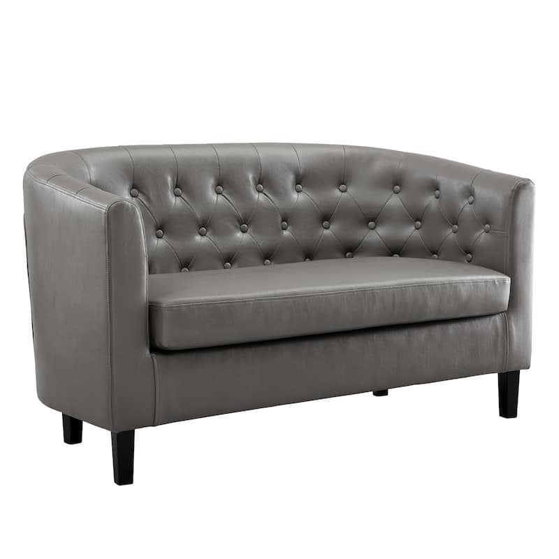 Midcentury Modern Button Tufted Faux Leather Barrel Loveseat - Comfy Tub Loveseat Sofa