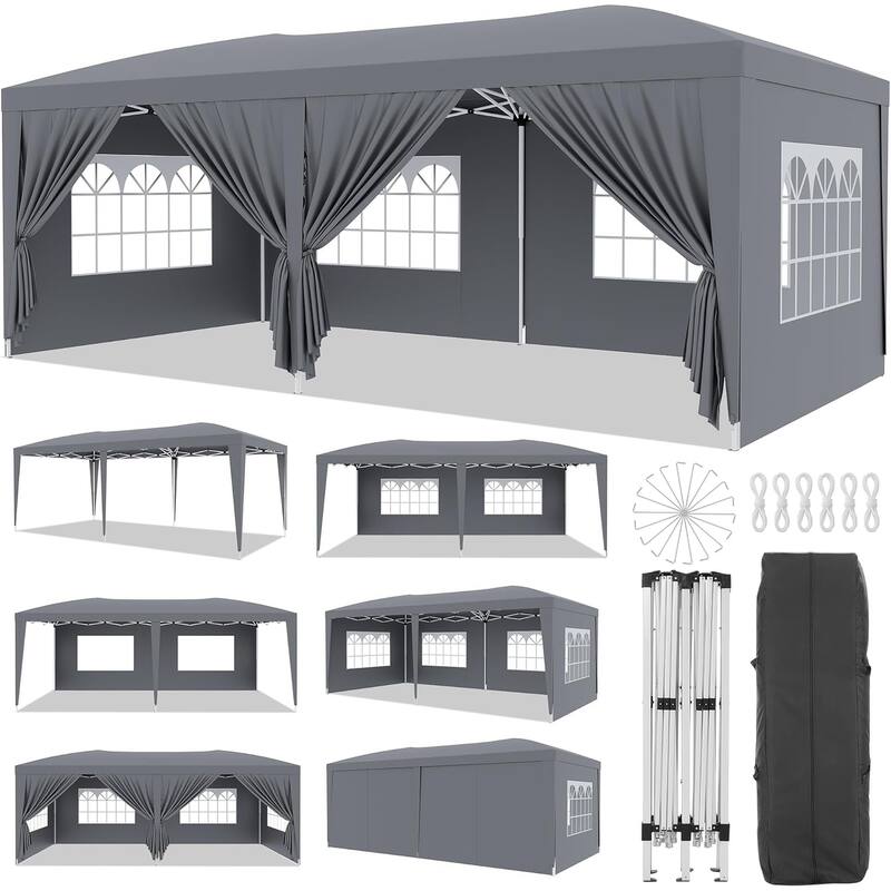 10x20 Pop Up Canopy with 6 Sidewalls UPF 50+ - Grey