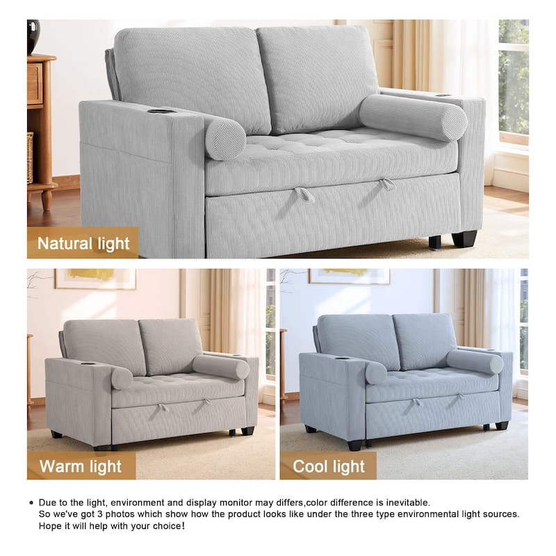 Corduroy Convertible Loveseat Sofa Bed Recliner with Cup Holder, USB Ports & Storage