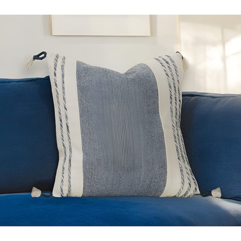 HomeRoots 20" Blue and White Color Block Cotton Throw Pillow With Tassels
