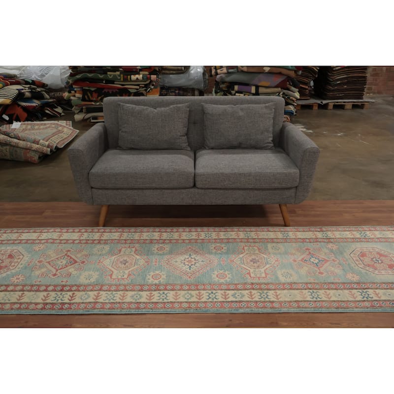 Hand Knotted Oriental 100% Wool Carpet Traditional Geometric Navy Blue & Blues Kazak Runner Rug - 13' 4'' X 2' 10''