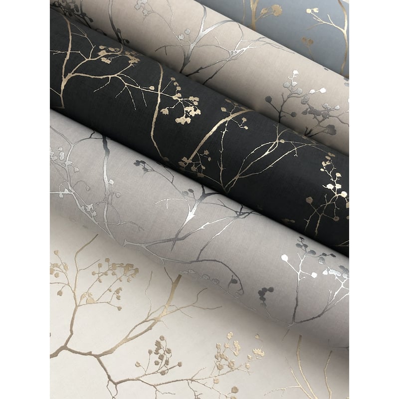 Grant Black/Gold Short Fiber Non-Woven Unpasted Botanical Luminous Branches Wallpaper Covers about 60.75 sq. ft.