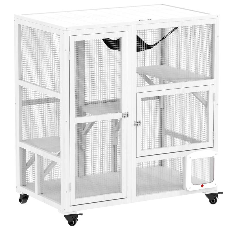 PawHut Large Cat House, Indoor / Outdoor Wooden Cat Catio on Wheels, Cat Enclosure with Platforms, Hammock, Cat Flap Door - White