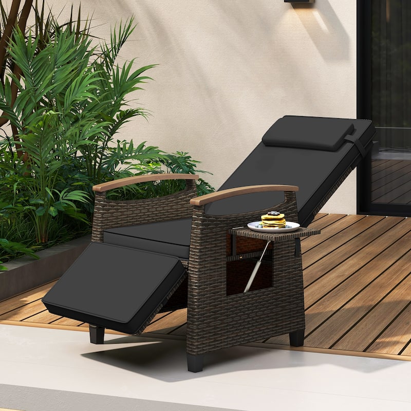 Adjustable Rattan Recliner Chair with Black Cushion and Foldable Side Table for Outdoor Use - 31"-56" x 24" x 41.5"-28.5"