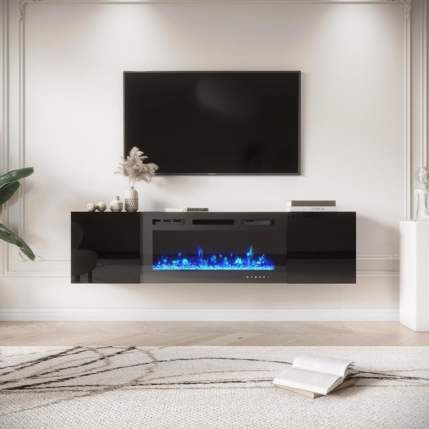 Floating entertainment center with store electric fireplace