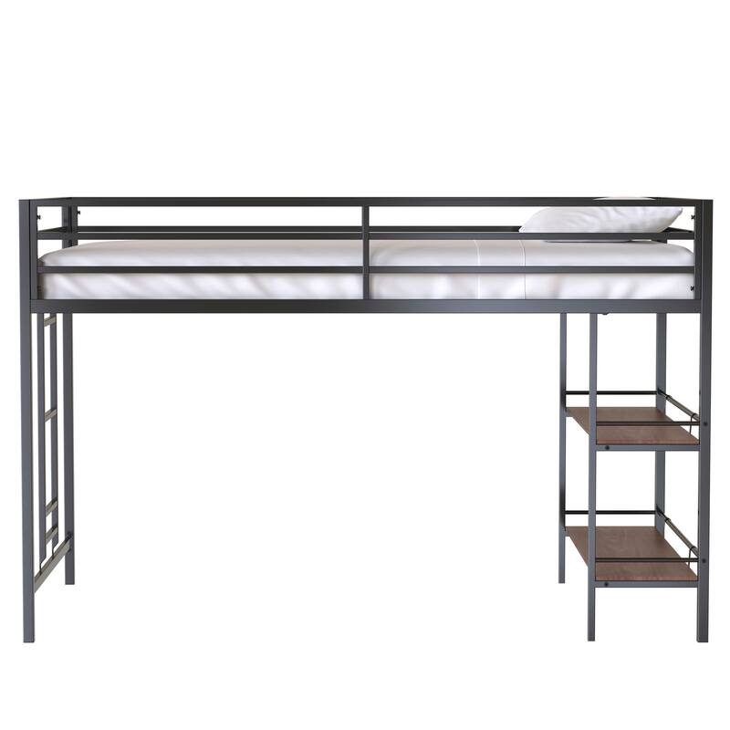 Junior Twin Loft Bed with Cinnamon Wood Shelf, Guardrails, and Ladder, Space-Saving Design for Kids' Bedroom