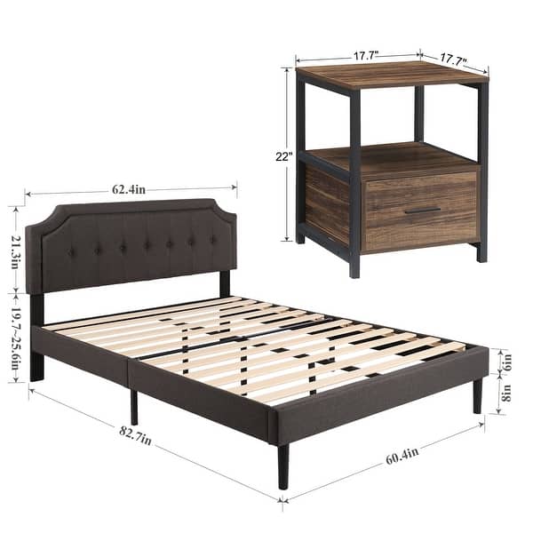 dimension image slide 3 of 13, VECELO 3-Pieces Modern Upholstered Bed with Height Adjustable Headboard and Nightstands Sets