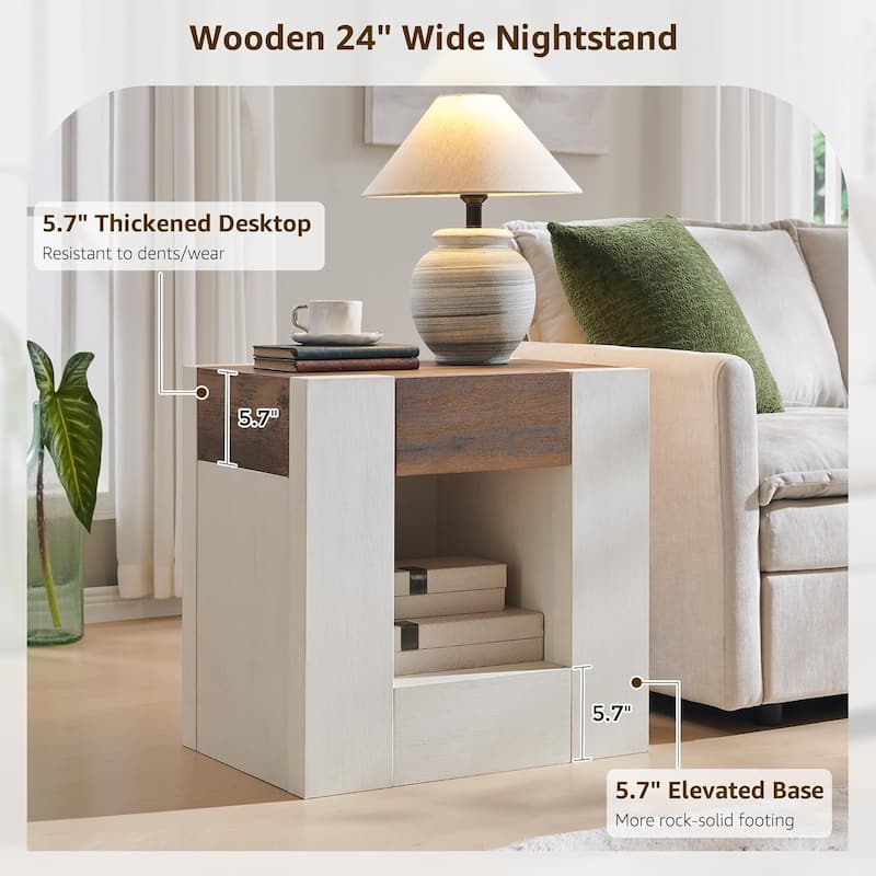 Modern Nightstand with Charging Station, End Table w/Hidden Drawers