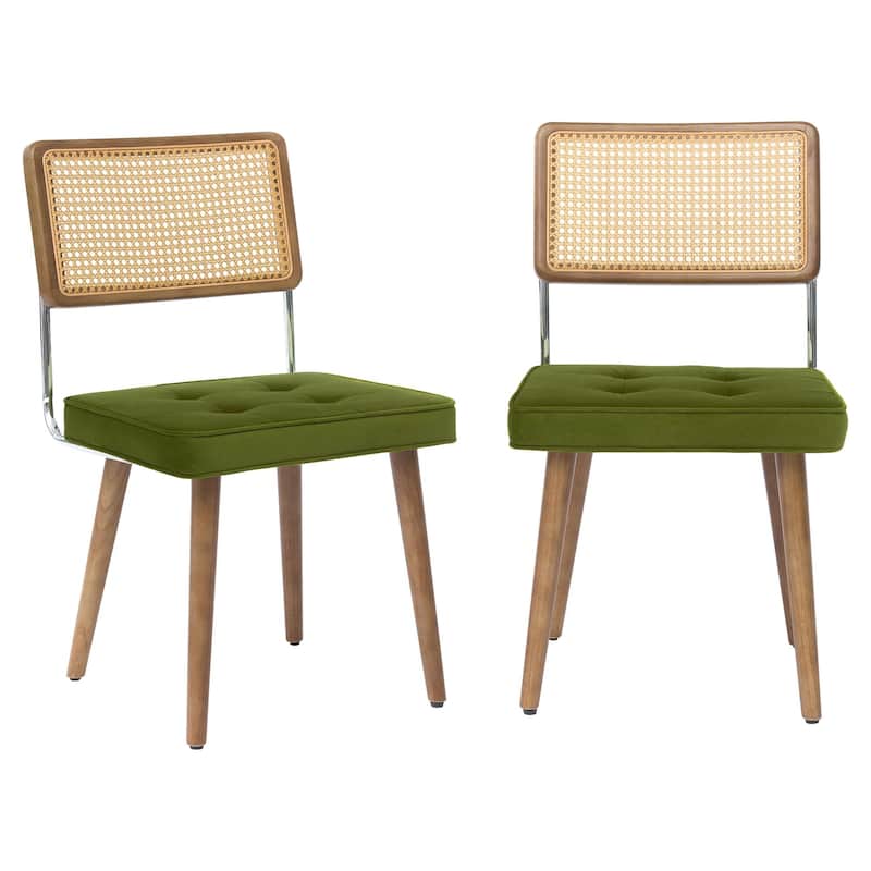 Midcentury Modern Dining Chairs of 2, PU Upholstered Kitchen Chairs with Tall Cane Backrest and Strong Wood Legs - Green