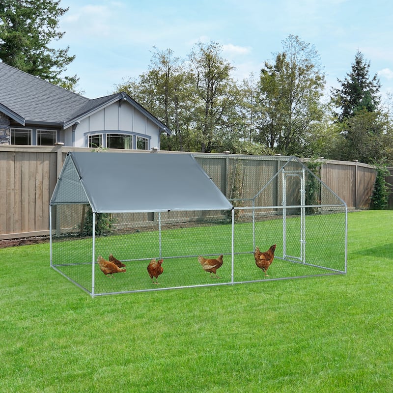 PawHut Galvanized Large Metal Chicken Coop Cage 2 Rooms Walk-in Enclosure Poultry Hen Run House Playpen Rabbit Hutch - Cat/Chicken - Silver - 118"L x 157.5"W x 76.75"H